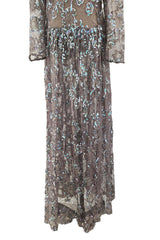 Prettiest 1970s Unlabeled Pale Grey Lace & Blue Grey Glossy Sequin Drop Waist Dress