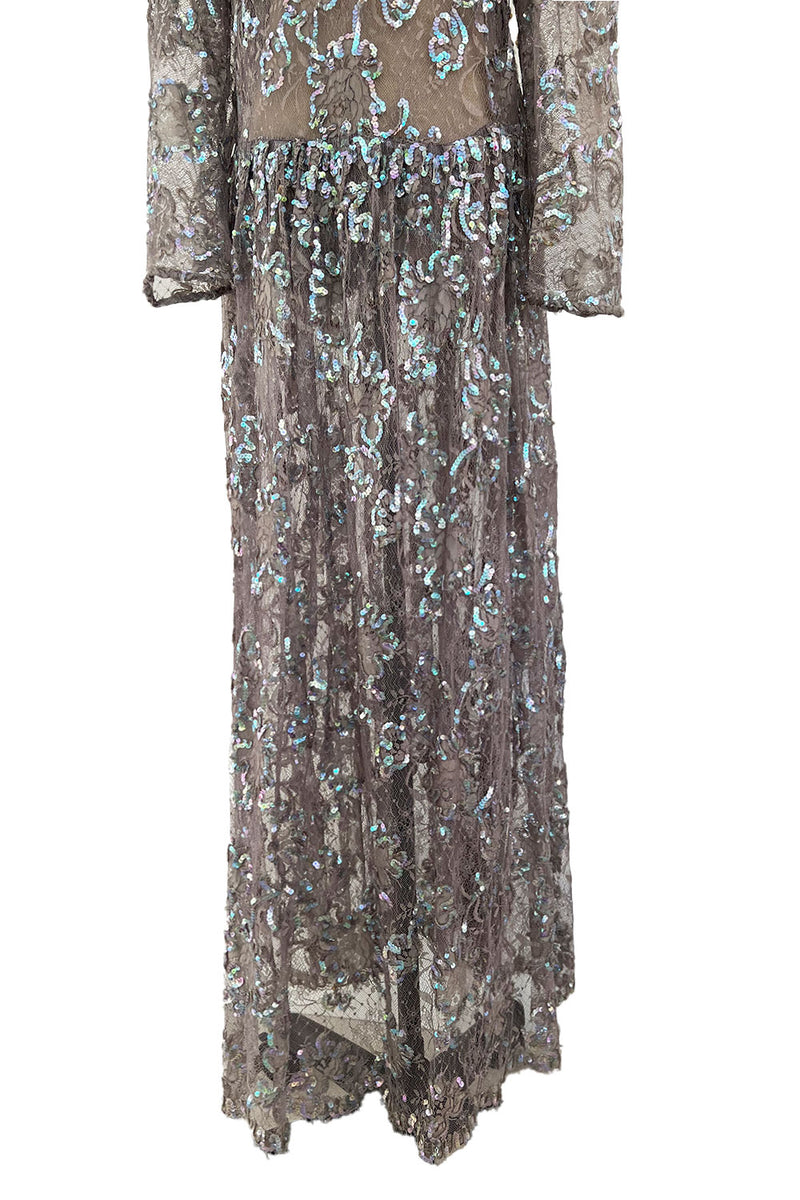 Prettiest 1970s Unlabeled Pale Grey Lace & Blue Grey Glossy Sequin Drop Waist Dress