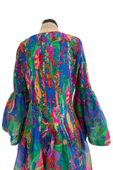 Important 1971 Pierre Cardin Couture Silk Organza Bell Sleeve Dress w Flat Pleated Bodice & Sleeves