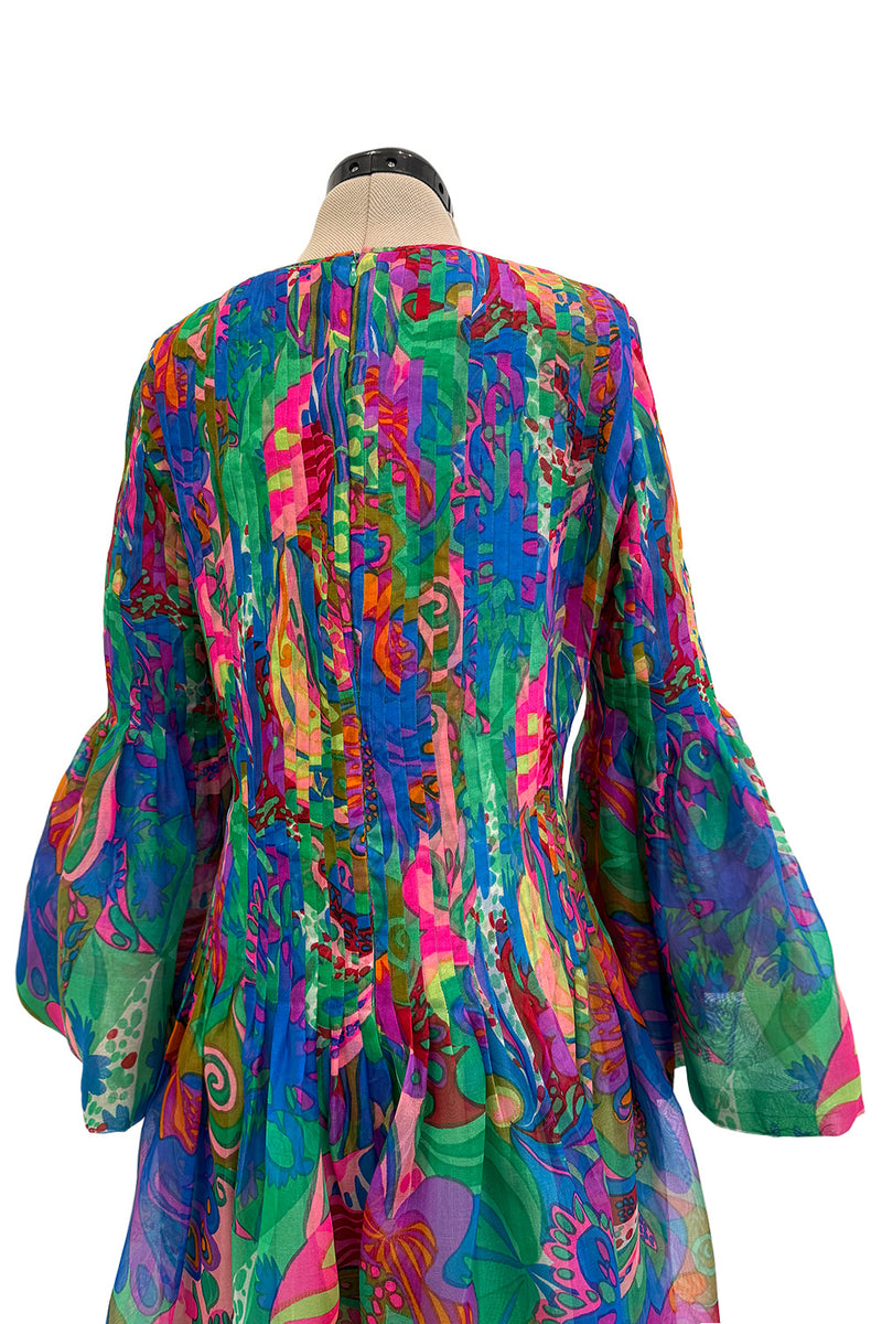 Important 1971 Pierre Cardin Couture Silk Organza Bell Sleeve Dress w Flat Pleated Bodice & Sleeves
