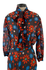Outstanding Spring 1974 Yves Saint Laurent Floral Print Silk Chiffon Top & Skirt Set