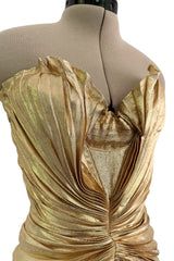 Outstanding Spring 1986 Thierry Mugler Pleated Metallic Gold Lurex Pleated Strapless Bodice 'Shell' Dress