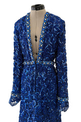 Documented 1970 Oscar de la Renta Brilliant Blue Sequin & Rhinestone Plunge Dress