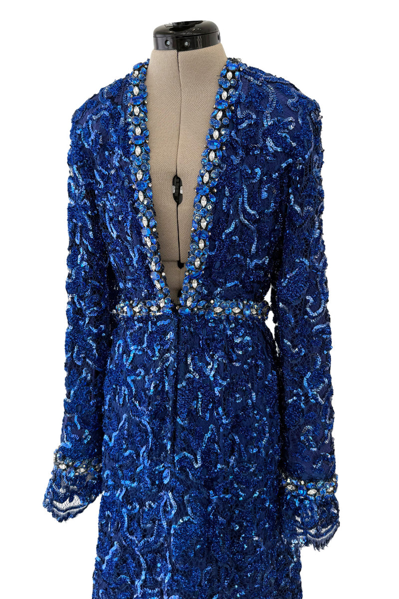Documented 1970 Oscar de la Renta Brilliant Blue Sequin & Rhinestone Plunge Dress
