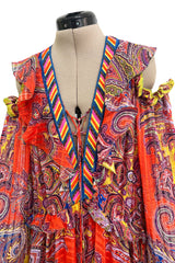 Recent Etro Gorgeous Printed Coral Ribbon Silk Chiffon Caftan Dress w Plunge Lace Up Neckline