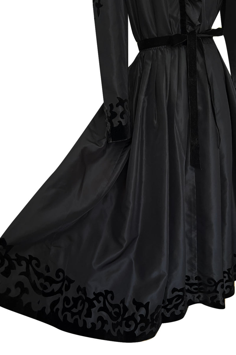 Early 1980s Louis Feraud Black Silk Tafetta Dress w Puff Shoulder Sleeves & Velvet Detailing