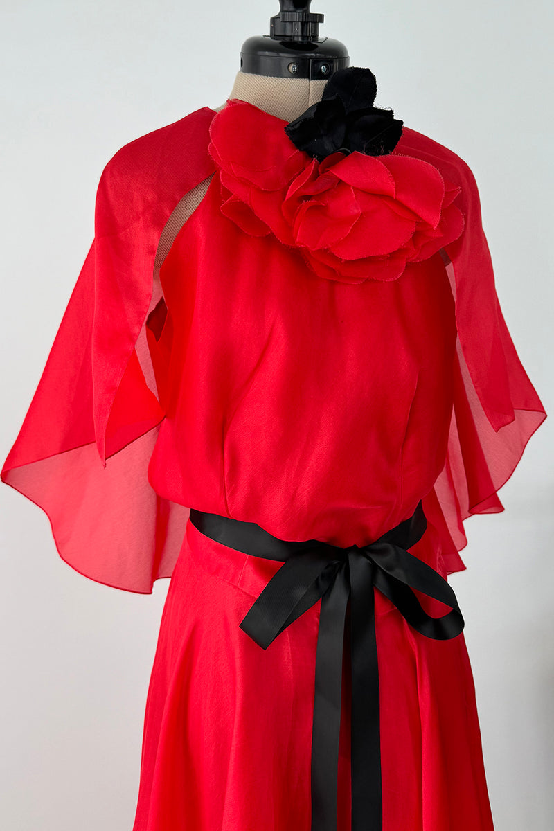 1979 Givenchy Red Organza Caped Dress