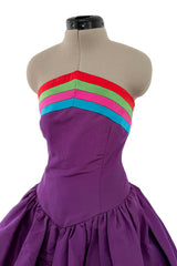 Fall 1982 Valentino by the Original Mr Valentino Purple Silk Strapless BubbleDress w Rainbow Detailing