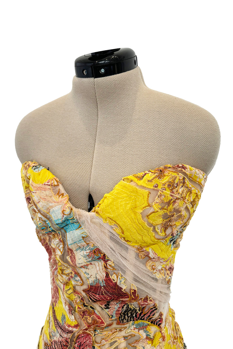 Very Rare Spring 2003 Roberto Cavalli Printed Silk & Net Boned Corset & Red Sequin Mini Skirt Set