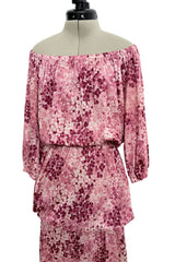 Gorgeous Spring 1976 Yves Saint Laurent Runway Pink Floral Silk Jersey Off Shoulder Dress