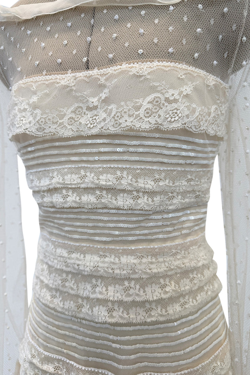 2012 Valentino by Pierpaolo Piccioli & Maria Grazia Chiuri Tiered Ivory Lace Net Dress w Sequin & Bead Detailing