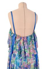 Spectacular Spring 1978 Christian Dior by Marc Bohan Blue Floral Silk Chiffon Dress w Ribbon Straps