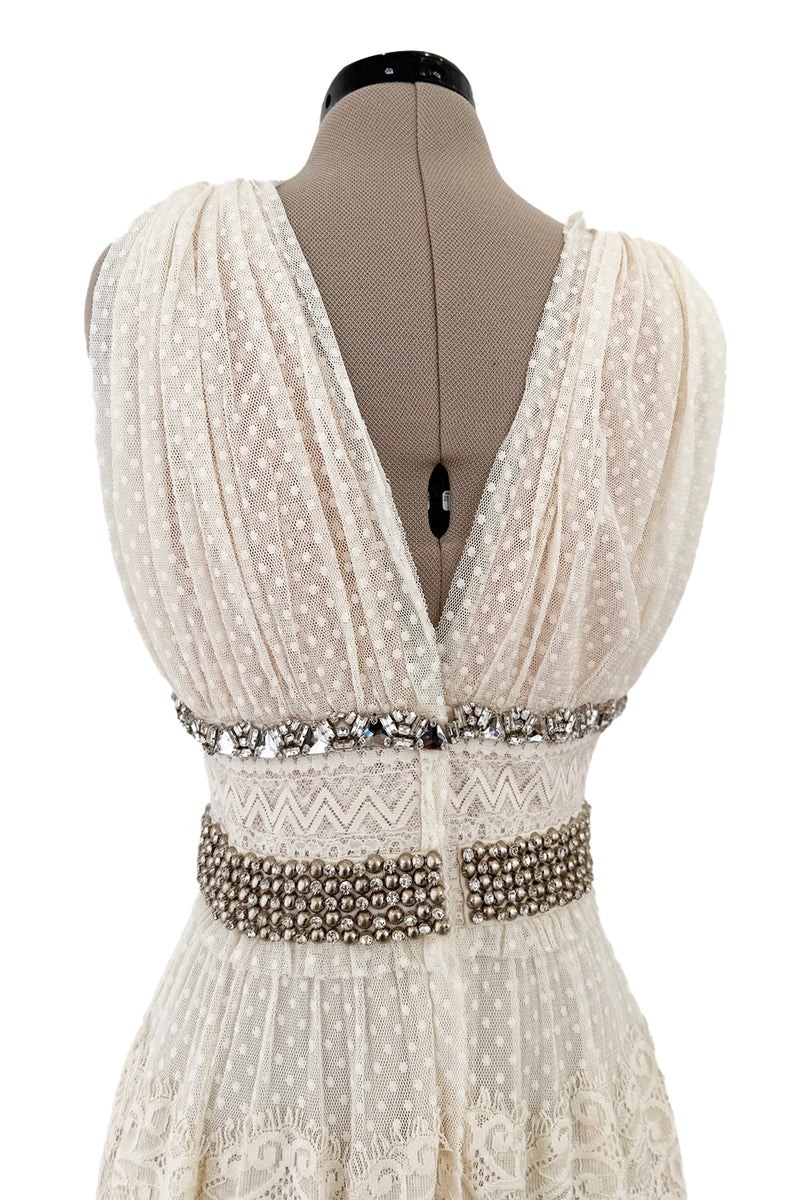 Gorgeous 2010s Lanvin Blanche by Alber Elbaz Dotted Net Plunge Dress w Rhinestone Details