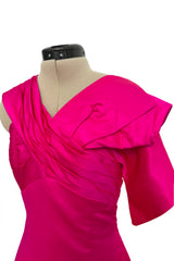 2000s Valentino Roma Brillaint & Vibrant Pink Silk One Shoulder Dress w Draped Front Panels