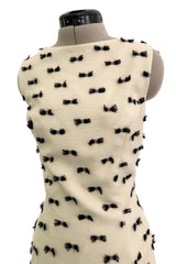 Rare & Chic Fall 1999 John Galliano Soft Ivory Wool Sleeveless Shift Dress Covered in Tiny Black Yarn Bows