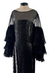 Beautiful 1980s Louis Feraud Glossy Black Sequin Silk Chiffon Dress w Tiered & Ruffled Sleeves