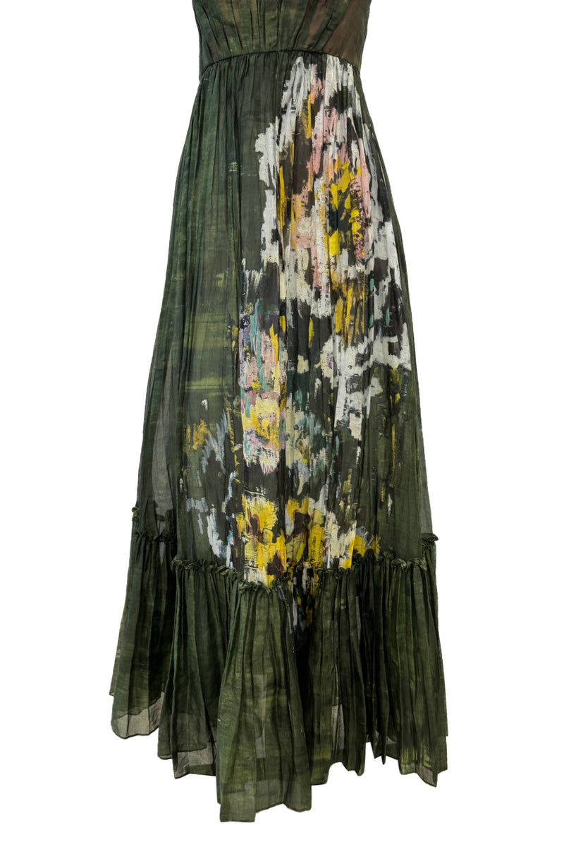 Magical Fall 2019 Valentino Strapless Pleated Green Cotton Dress w Painted Floral Detailing