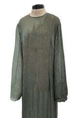 Prettiest Fall 1981 John Anthony Couture Moss Green Silk Chiffon Dress w Hand Beaded Detailing
