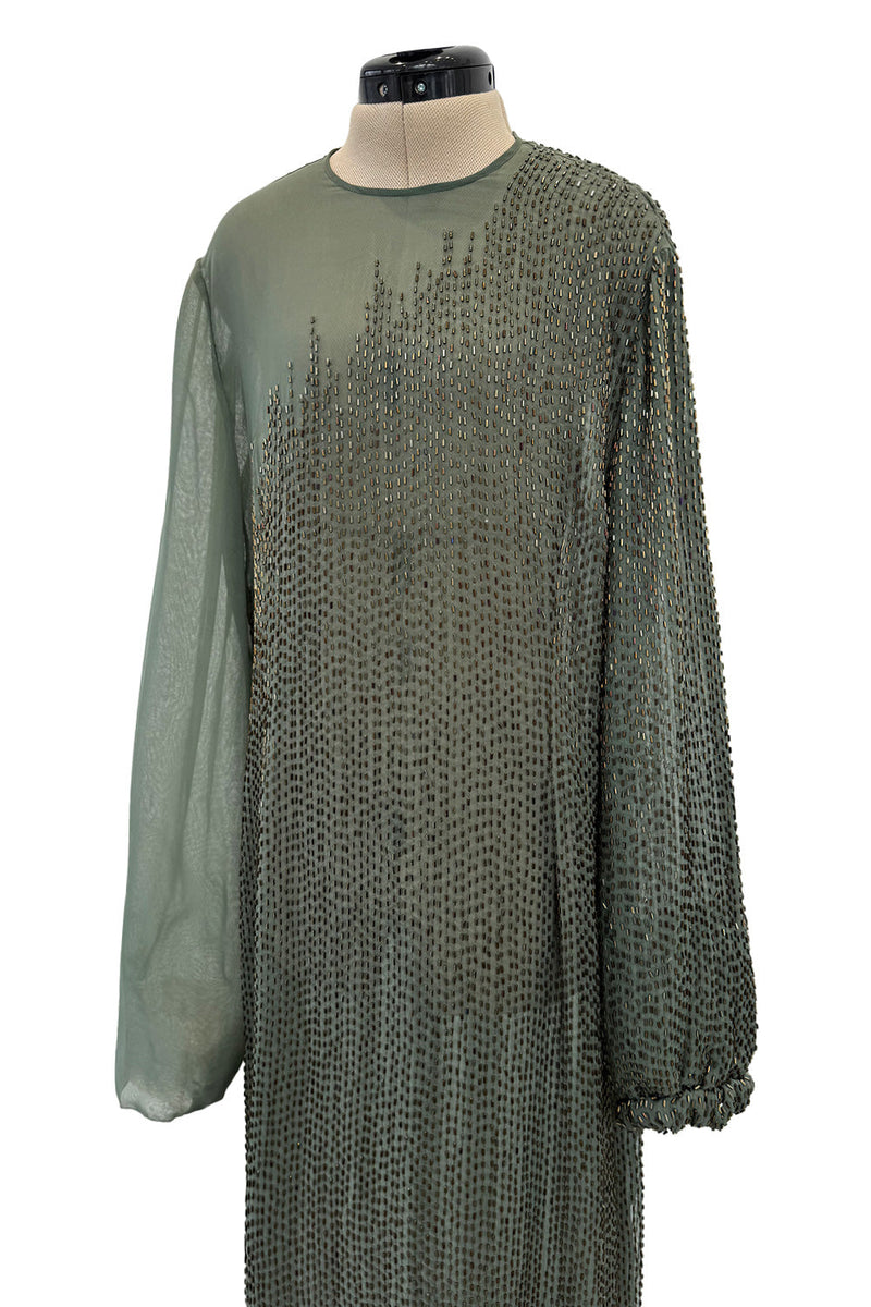 Prettiest Fall 1981 John Anthony Couture Moss Green Silk Chiffon Dress w Hand Beaded Detailing
