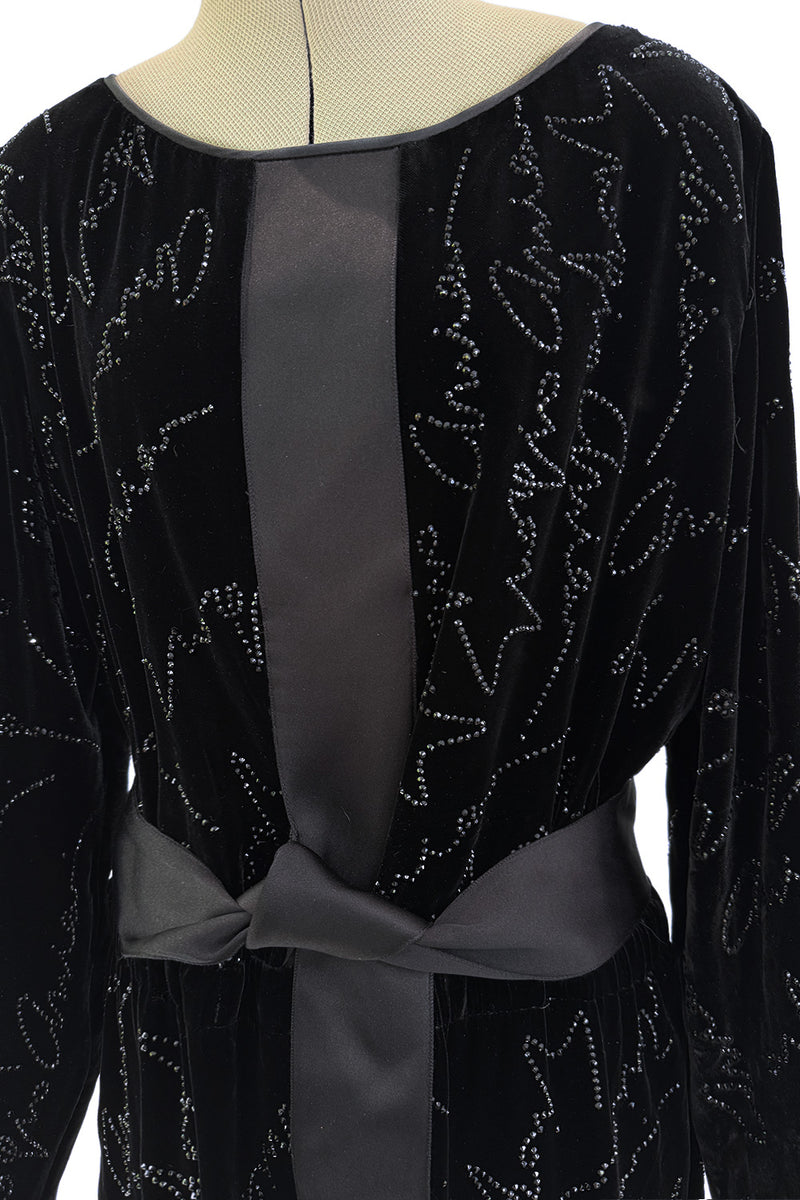 Exquisite Fall 2019 Giorgio Armani Runway Look 80 Velvet &Silk Ribbon Jumpsuit w Black Jet Beads