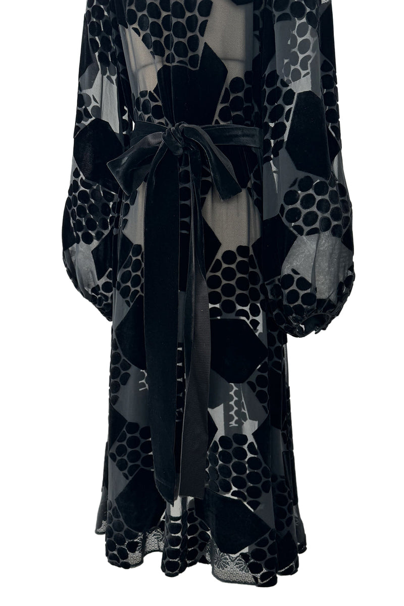 Fantastic Early 1970s Miss Dior Black Silk Velvet Fused Onto Black Transparent Silk Chiffon Dress