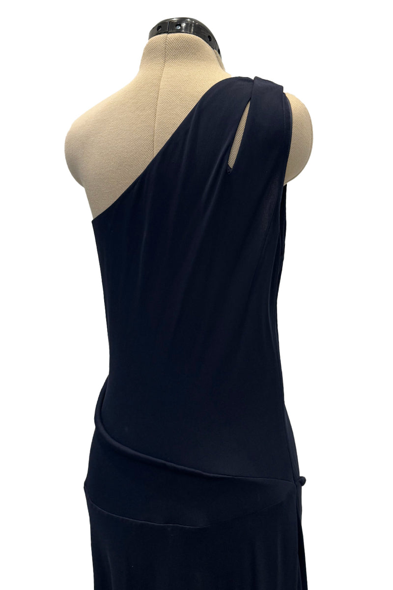 Minimalist 1990s Geoffrey Beene Deep Blue Silk Jersey One Shoulder Dress w Cut Out Details