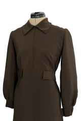 Elegant 1970s Madame Gres Haute Couture Chocolate Brown Day Dress w Full Sleeves & Collar