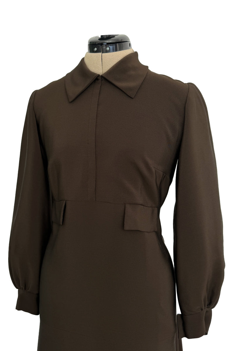 Elegant 1970s Madame Gres Haute Couture Chocolate Brown Day Dress w Full Sleeves & Collar