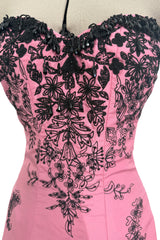 Exceptional Spring 2004 Oscar de la Renta Runway Look 39 Strapless Pink Silk w Black Embroidery & Beads