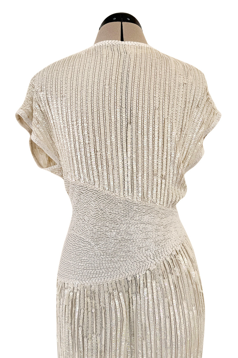Prettiest 1970s Lillie Rubin Ivory Fully Sequinned & Applied Tube Beads on Silk Chiffon Dress