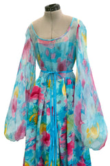 Prettiest 1970s Richilene Pastel Turquoise & Pink Floral Print Silk & Silk Chiffon Dress w Balloon Sleeves