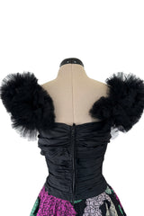 1990s Nina Ricci by Gerard Pipart Haute Couture Black Off Shoulder Dress w Hand Quilted Floral Skirt