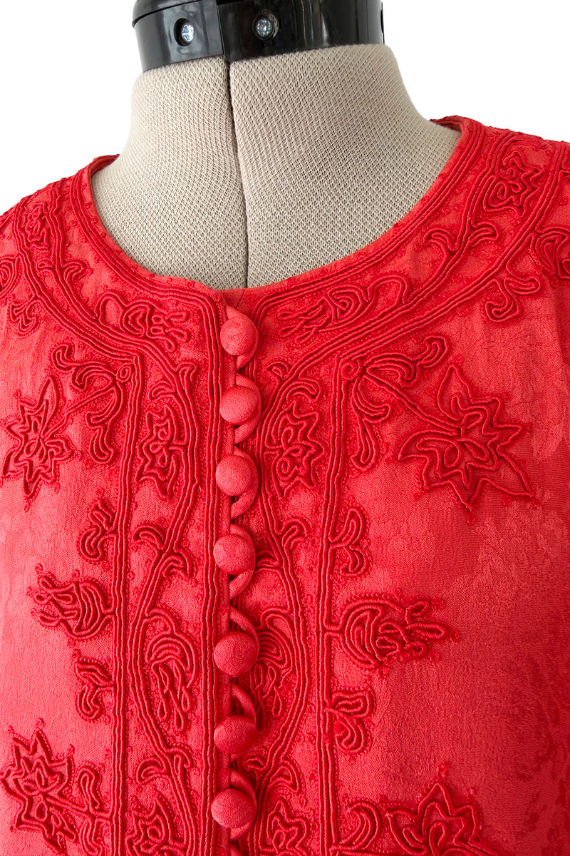 1970s Oscar de la Renta Coral Orange Wide Leg Pant & Long Caftan Tunic Set w Silk Cord Detailing