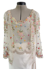 Prettiest Spring 2000 Original Valentino Runway Look 84 Embroidered Camisole, Jacket & Silk Skirt Set
