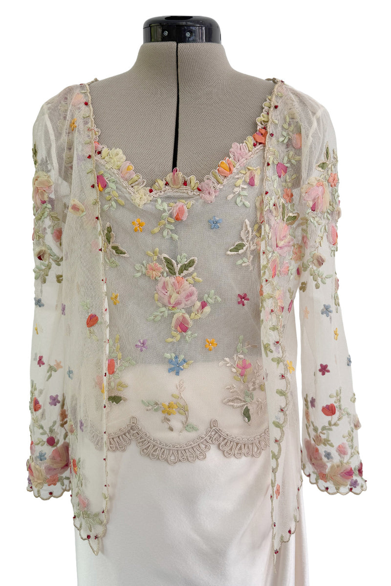 Prettiest Spring 2000 Original Valentino Runway Look 84 Embroidered Camisole, Jacket & Silk Skirt Set