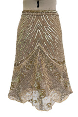 Prettiest 2000s Valentino Roma Metallic Gold Sequin & Bead Silk Chiffon on Netting Top and Skirt Set