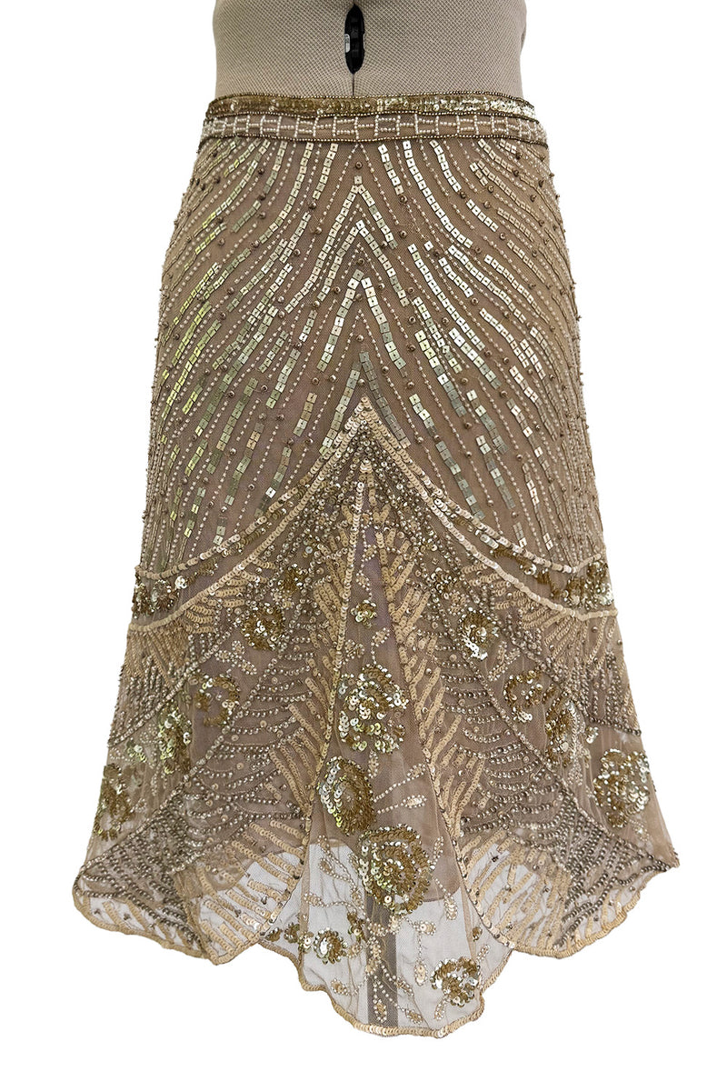 Prettiest 2000s Valentino Roma Metallic Gold Sequin & Bead Silk Chiffon on Netting Top and Skirt Set
