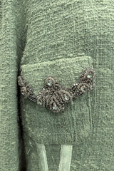 Fall 2005 Roberto Cavalli Green Boucle Jacket w Chinchilla Collar, Rhinestone, SIlk & Velvet Detailing