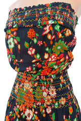 Wonderful c.1974 Yves Saint Laurent Brilliant Floral Print Strapless Cotton Dress w Top Stitched Gathers