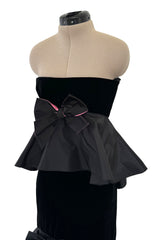 Exceptional Fall 2005 Original Valentino Runway Look 82 Black Velvet Dress w Bows, Silk Tiers & Pink Detailing
