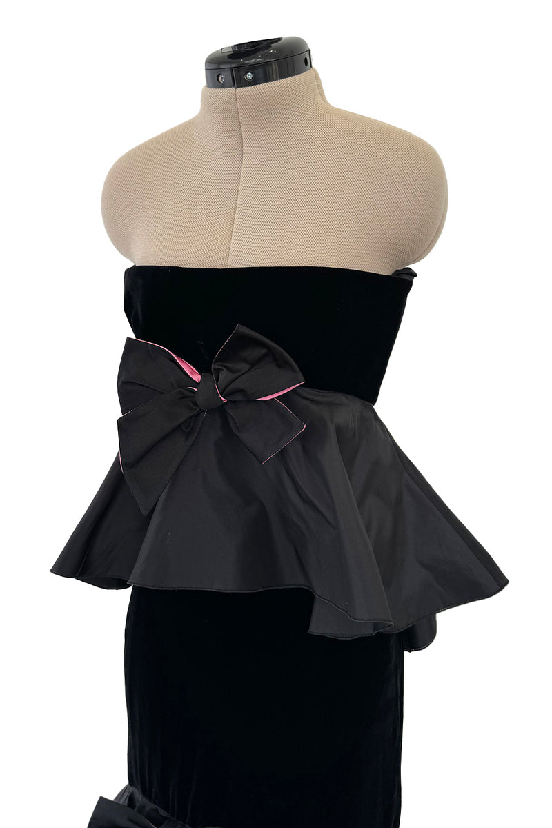 Exceptional Fall 2005 Original Valentino Runway Look 82 Black Velvet Dress w Bows, Silk Tiers & Pink Detailing