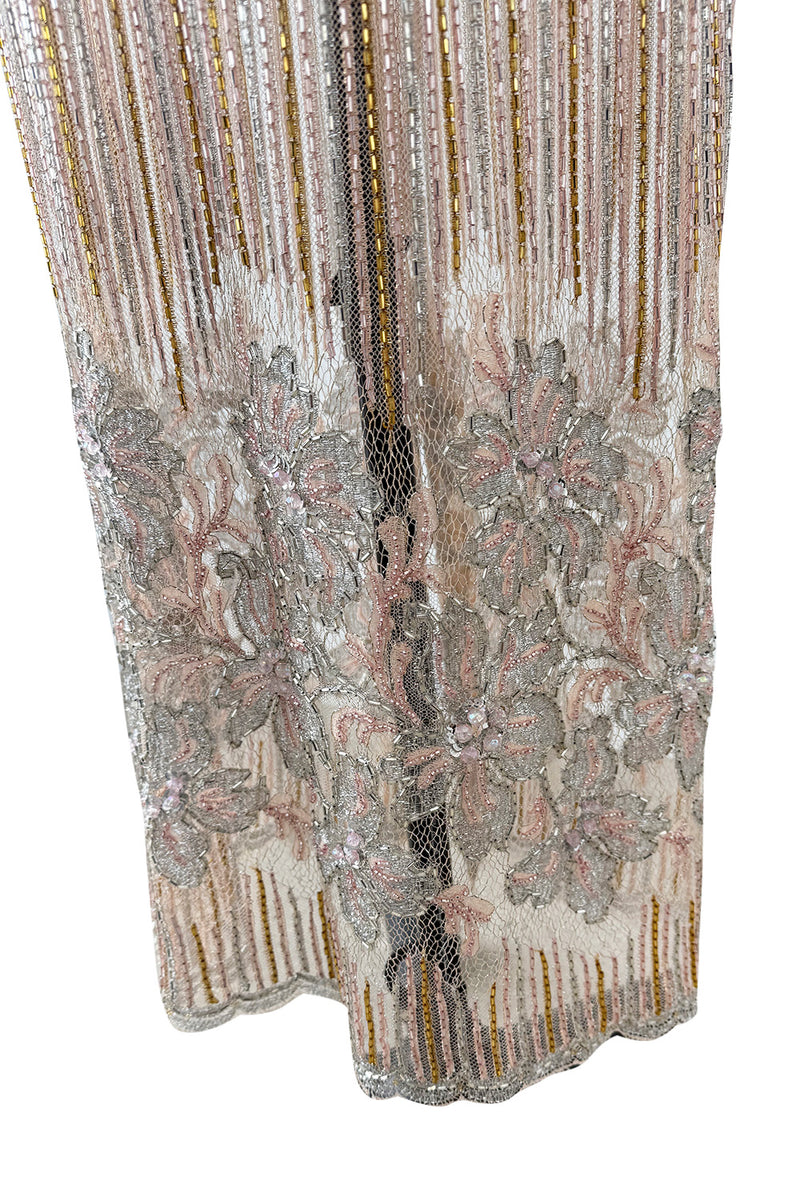 Gorgeous 1980s Unlabeled Fernando Pena Metallic Gold Thread & Pink Bead Sequin & Net Dress