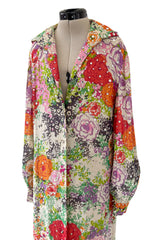 Beautiful Spring 1974 Pauline Trigere Runway Floral Print Dress w Rhinestone Detailing