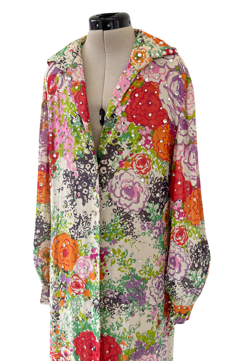 Beautiful Spring 1974 Pauline Trigere Runway Floral Print Dress w Rhinestone Detailing