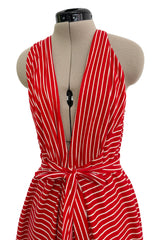 Chic & Minimalist Resort 1974 Halston Vogue Documented Red & White Striped Cotton Plunge Dress Dress