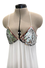 Late 1970s Ossie Clark White Jersey w Silver & Bronze Sequin Halter Dress w Matching Jacket