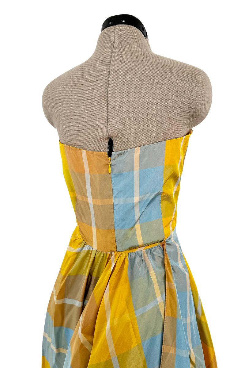 Beautiful Late 1980s Pierre Balmain Pastel Blue & Yellow Feather Light Strapless Silk Dress w Full Skirt