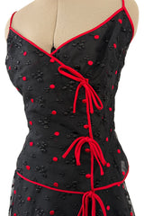 Fantastic 1970s Stavropoulos Wrap Skirt and Top Set w Embroidered Red Dots & Metallic Thread Pattern