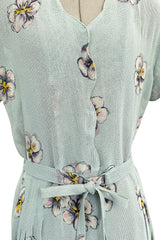 Prettiest 1930s Unlabeled Blue Handpainted Floral Dress Made of Unusual Woven Fabric