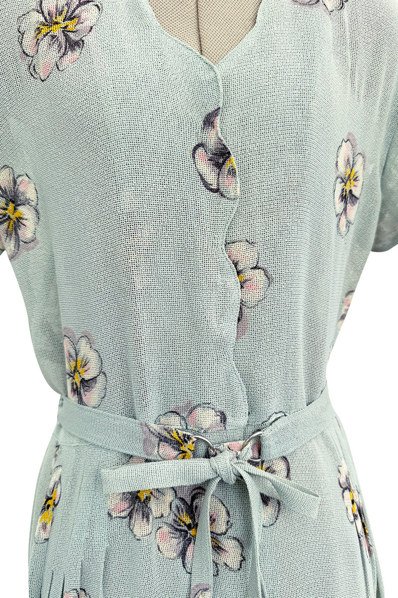 Prettiest 1930s Unlabeled Blue Handpainted Floral Dress Made of Unusual Woven Fabric